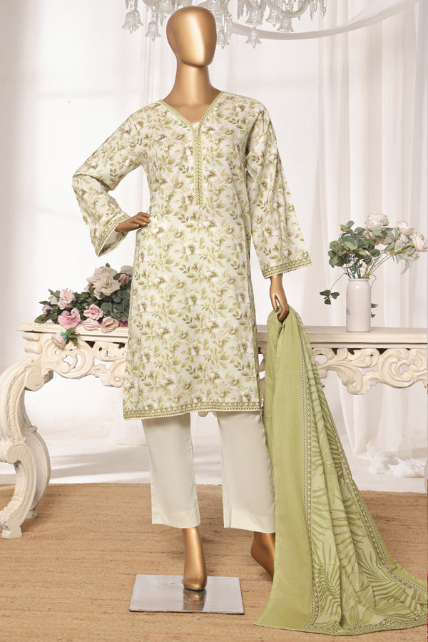 Lawn - Stitched printed 3piece with Lace work - Light Green