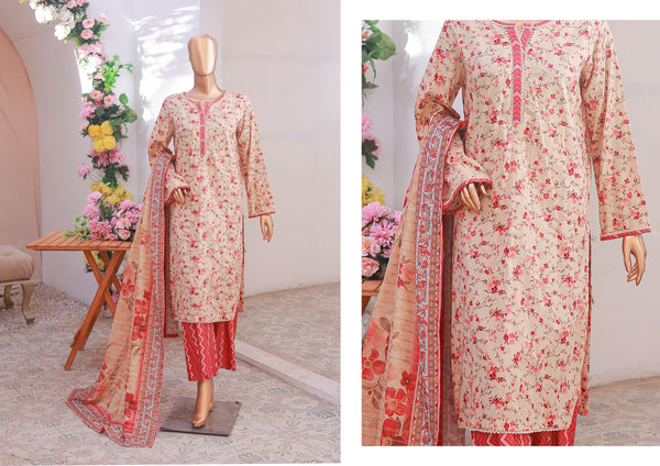 Lawn - Stitched printed 3piece with Lace work - Peach