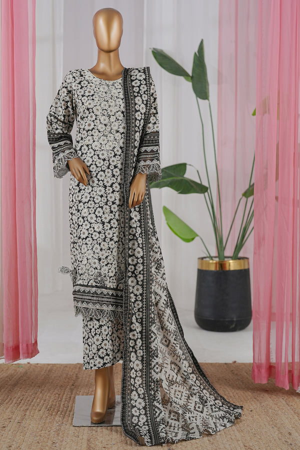 Lawn - Stitched Embroidered 3piece with Zari work & Lace work - Black and White