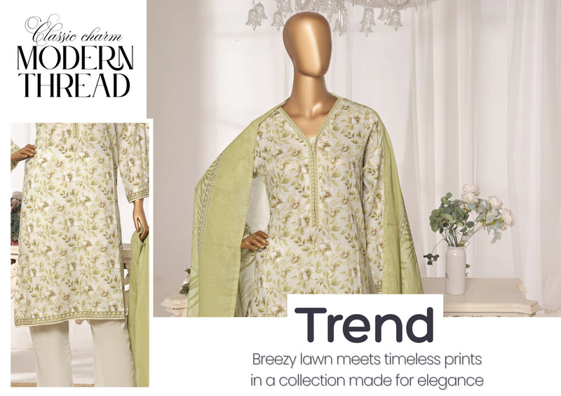 Lawn - Stitched printed 3piece with Lace work - Light Green