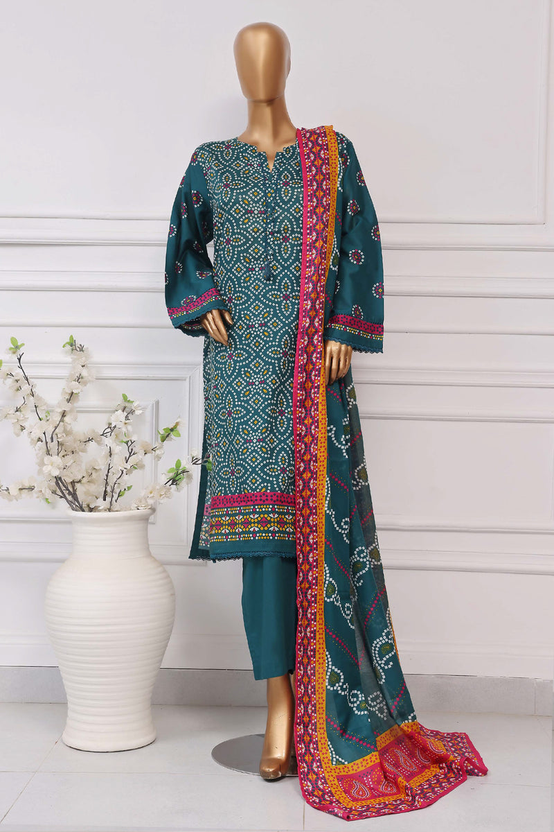 Lawn Chunri prints - Stitched printed 3piece with Lace work - Green