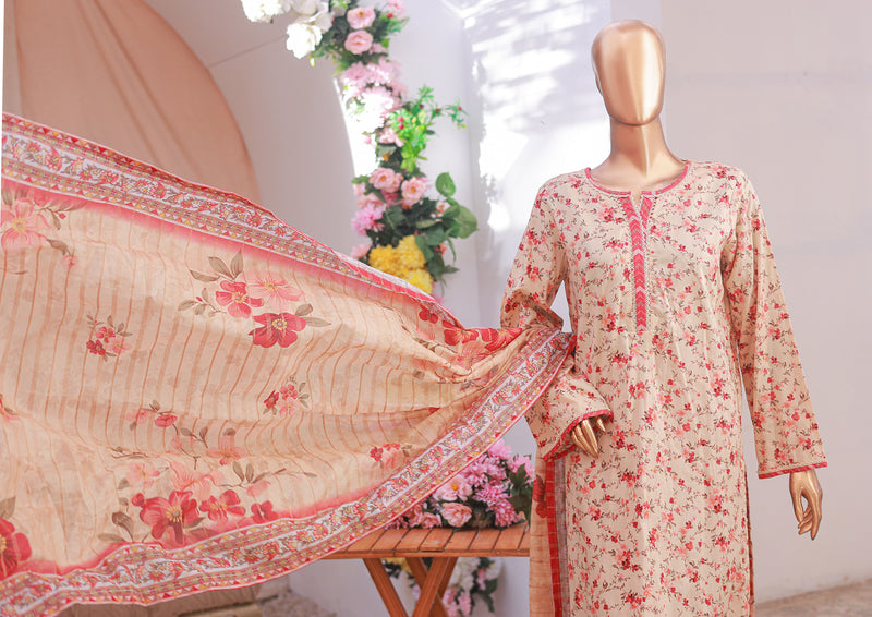 Lawn - Stitched printed 3piece with Lace work - Peach