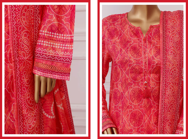 Lawn Chunri prints - Stitched printed 3piece with Lace work - Red