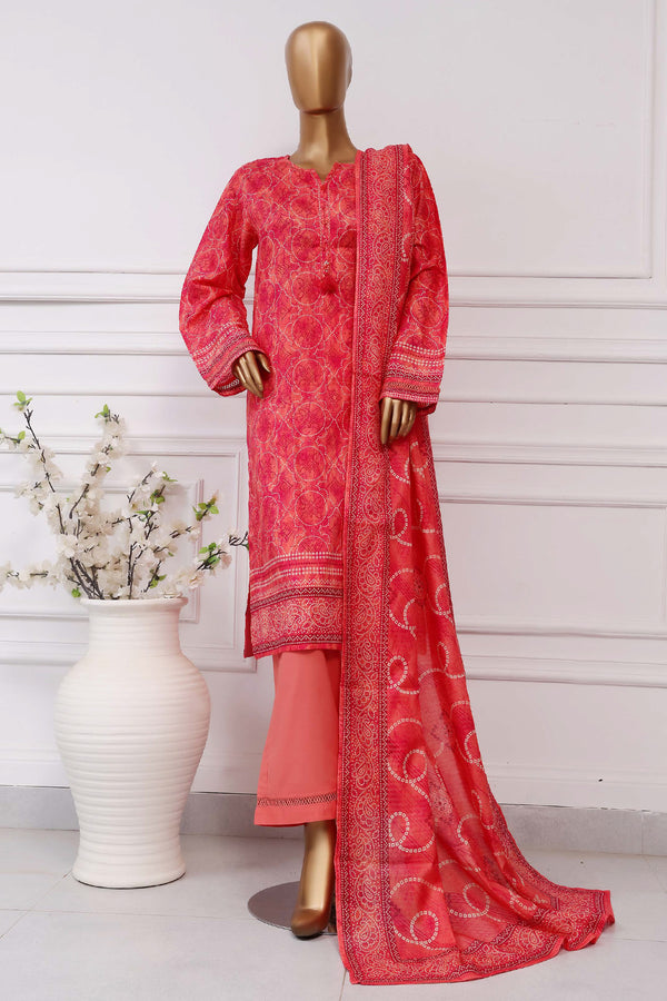 Lawn Chunri prints - Stitched printed 3piece with Lace work - Red