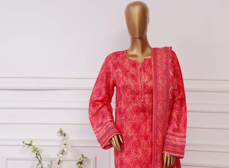 Lawn Chunri prints - Stitched printed 3piece with Lace work - Red