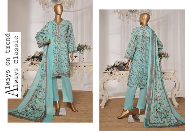 Lawn - Stitched printed 3piece with Lace work - Sky Blue