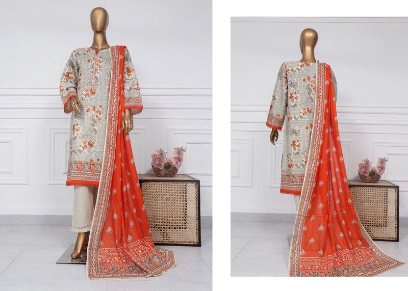 Lawn - Stitched Printed 3piece with Lace work - Grey