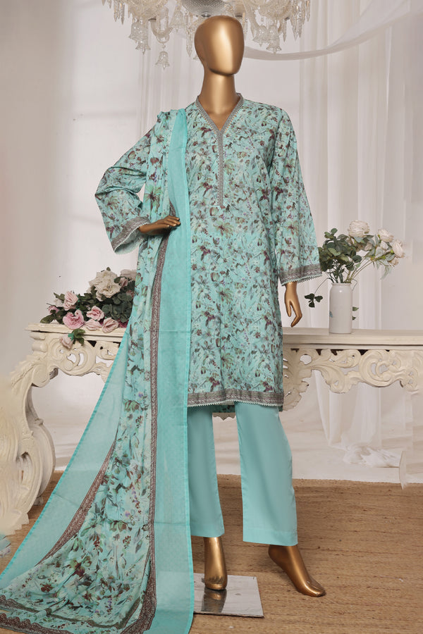 Lawn - Stitched printed 3piece with Lace work - Sky Blue