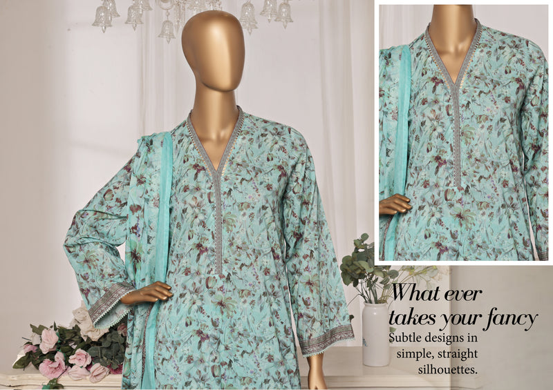 Lawn - Stitched printed 3piece with Lace work - Sky Blue