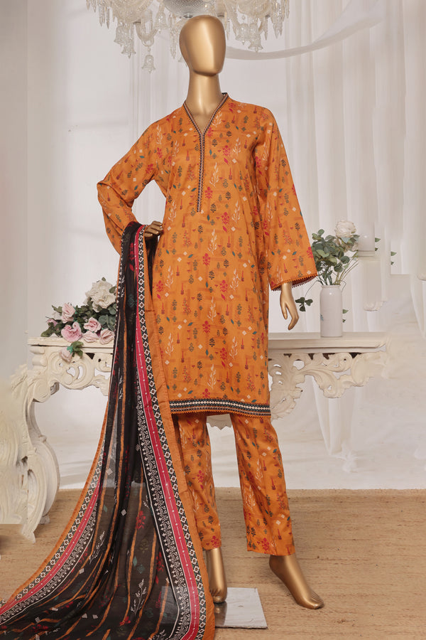Lawn - Stitched printed 3piece with Lace work - Orange