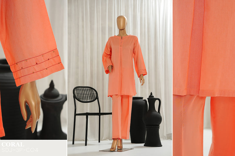 Lawn Jacquard - Stitched Jacquard Shirt with Highlights of Hand Touching Embellishment - Orange