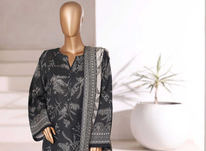 Khaddar - Stitched printed 3piece with Lace work - Black