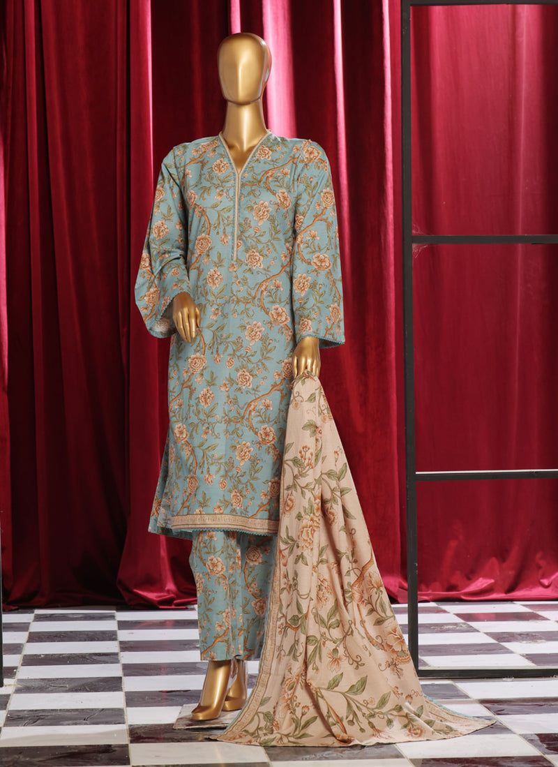 Khaddar - Stitched Printed  3piece with Lace work - Ferozi