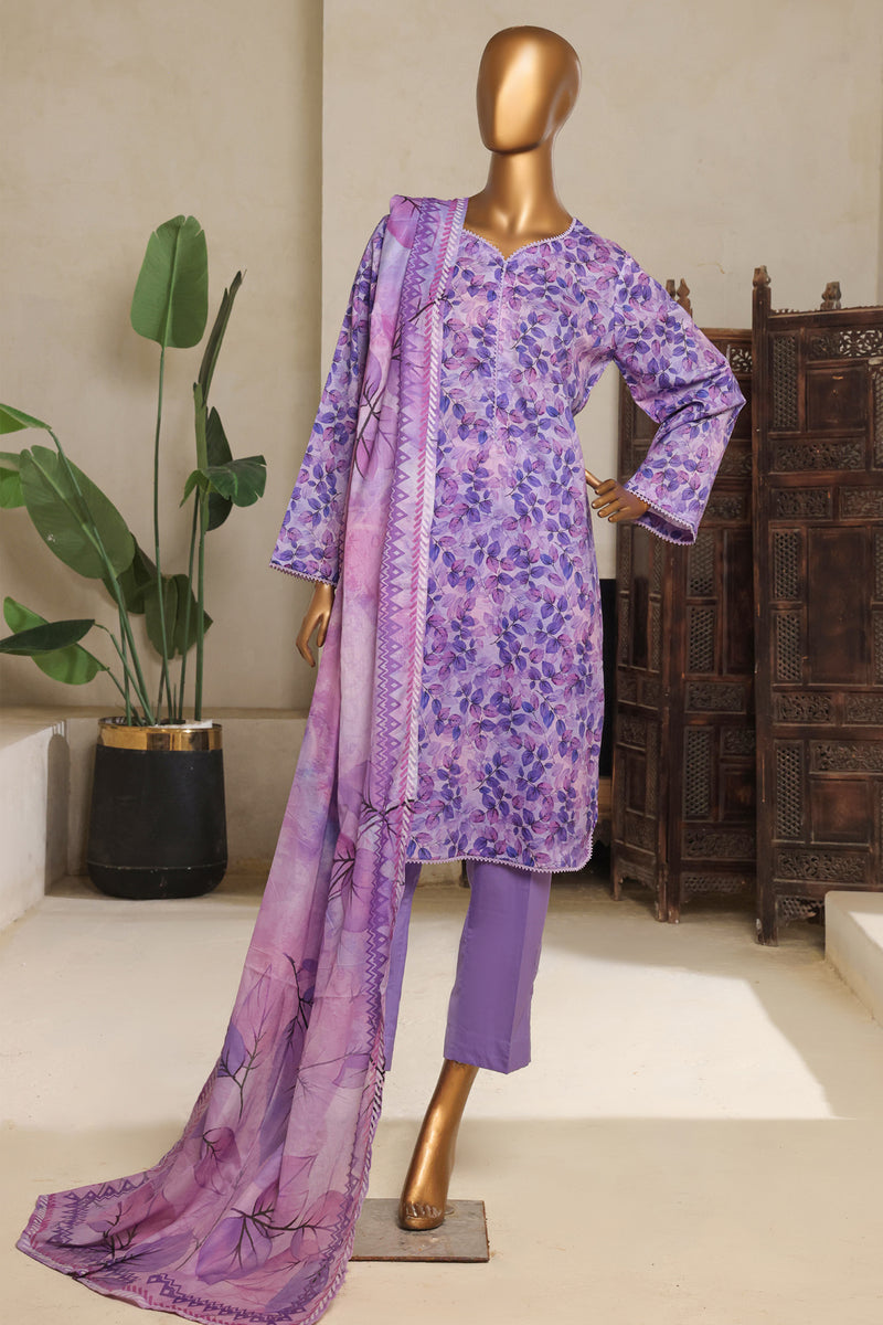 Lawn - Stitched printed 3piece with Lace work - Purple