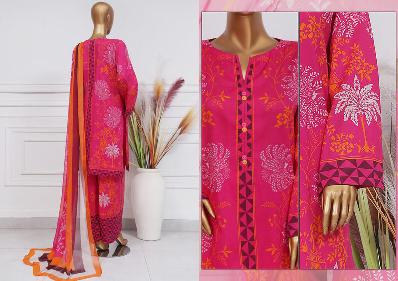 Lawn - Stitched printed 3 piece with chiffon dupatta - Shocking Pink