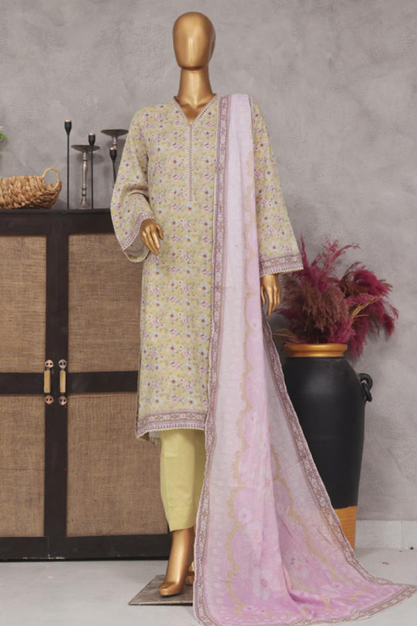 Lawn - Stitched Printed 3piece with Lace work - Yellow