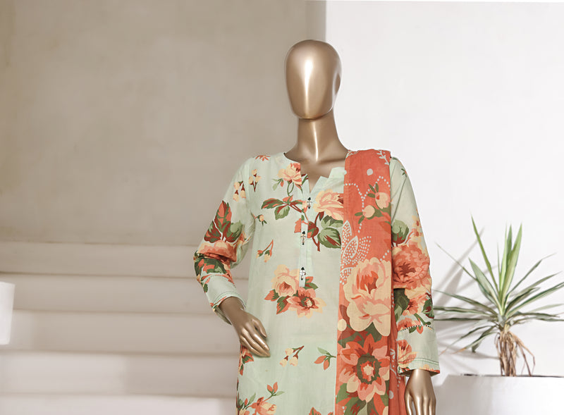 Lawn - Stitched printed 3piece with Lace work - Light Green & Peach