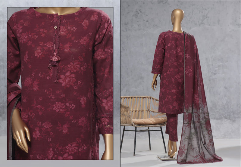 Khaddar - Stitched Printed 3 Piece Suit with Lace work - Diffuse Magenta