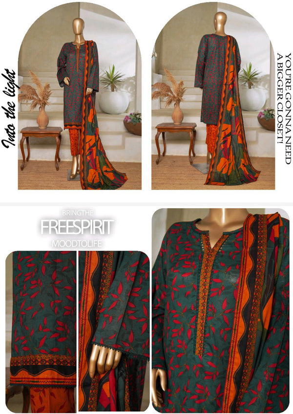 Lawn - Stitched printed 3piece with Lace work - Dark Green