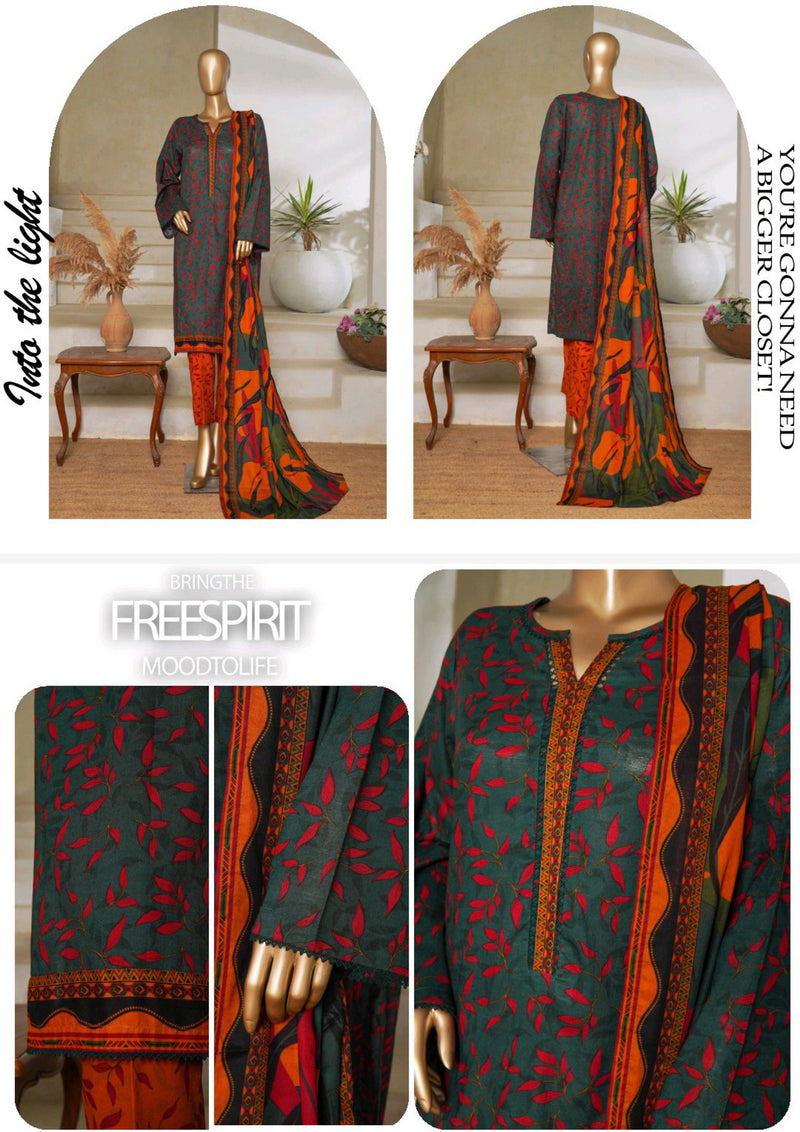 Lawn - Stitched printed 3piece with Lace work - Dark Green