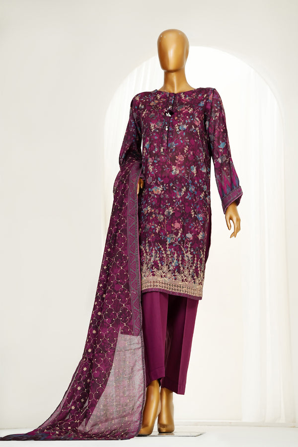Lawn PrintKari - Stitched Embroidered 3piece with Lace work - Plum