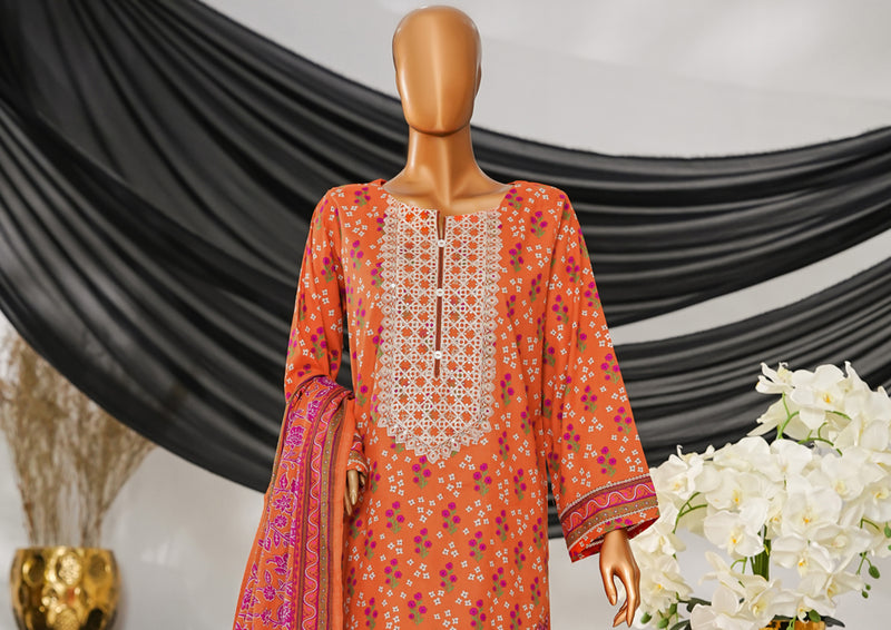 Cotton | Cambric - Stitched Embroidered 3piece with Lace work - Orange