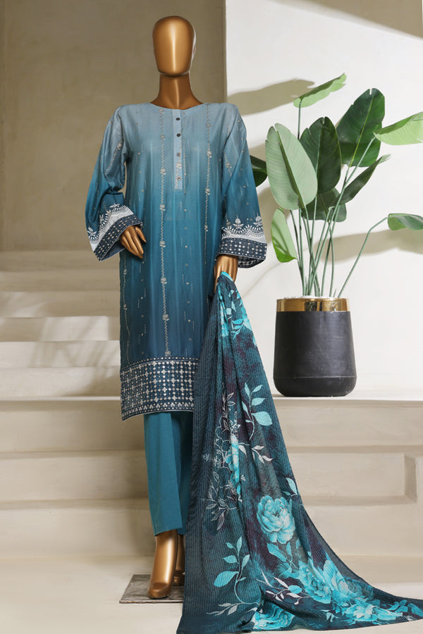 Lawn - Embroidered jacquard 3piece with Lace work - Silver Teal