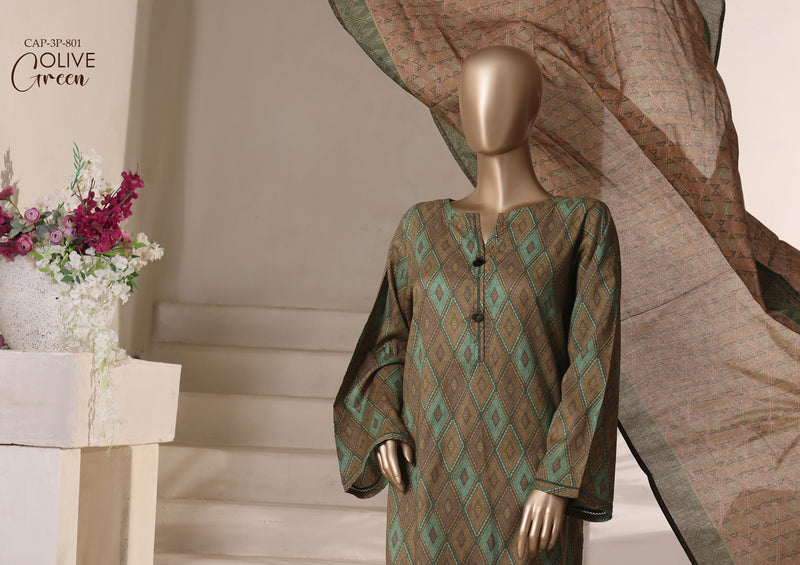 Cambric - Stitched printed 3piece with Lace work - Olive Green