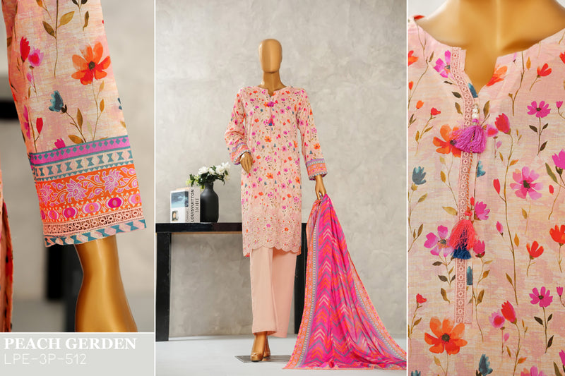Lawn - Stitched Digital Printed Embroidered 3piece with Boring work - Peach