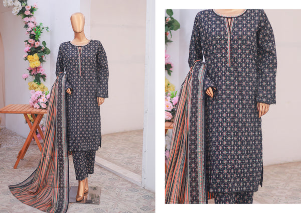 Lawn - Stitched printed 3piece with Lace work - Dark Blue