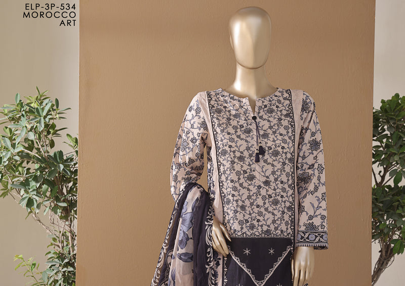 Cambric | Cotton - Stitched printed 3piece with Bamber chiffon Dupatta - Morocco Art