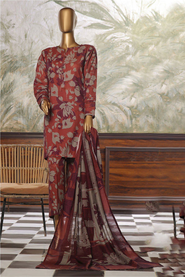 Khaddar - Stitched printed 3piece ready to wear - Maroon