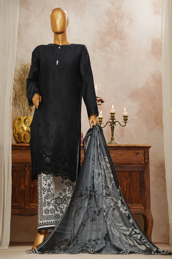 Lawn Slub - Stitched Chikankari Embroidered 3piece with Lace work - Black