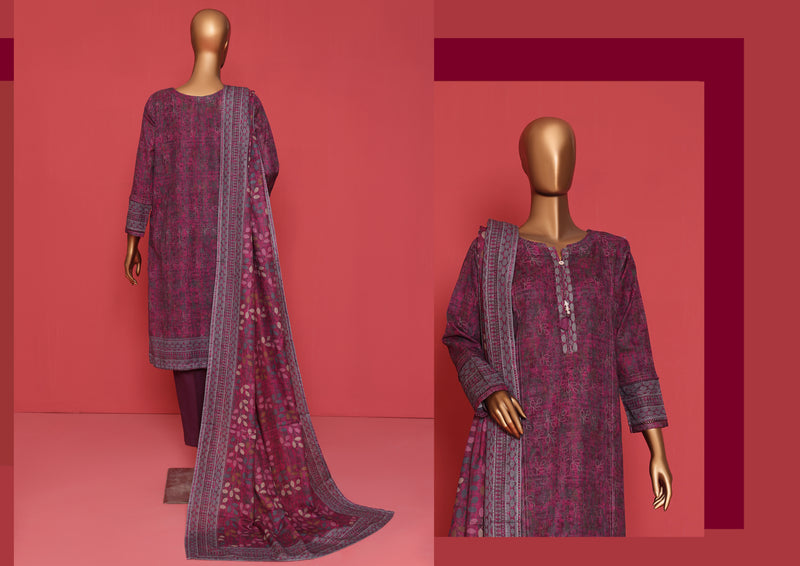 Khaddar - Stitched printed 3piece ready to wear - Magenta Grey