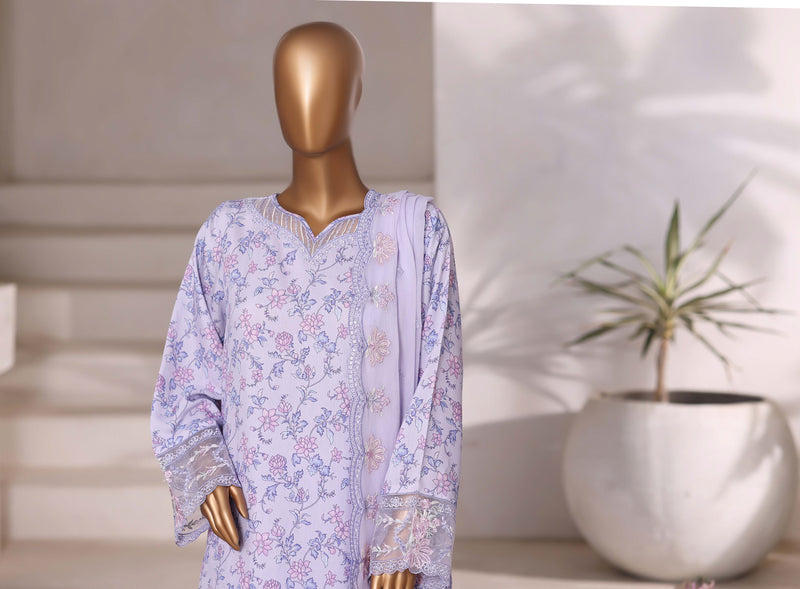 Luxury viscose - Stitched Embroidered 3piece with Chiffon embroidered Dupatta - Light Purple