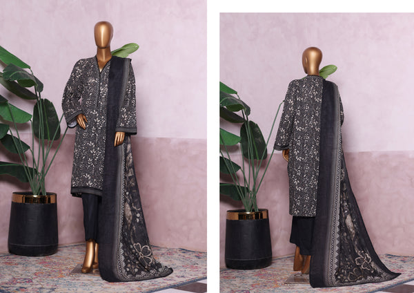 Khaddar - Stitched printed 3piece with Lace work - Black