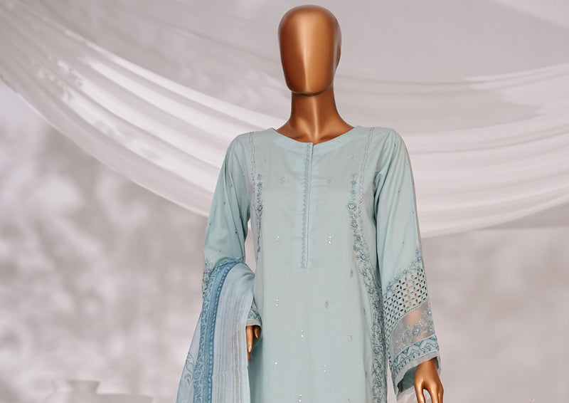 Cambric | Cotton - Stitched Embroidered Printed 3piece with Nannokara Dupatta - Aqua Blue