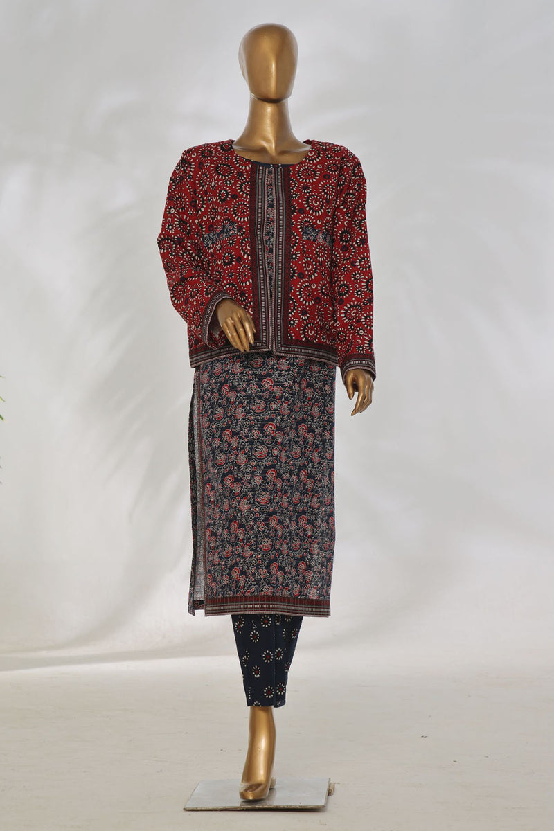 Khaddar Co-ords with coat - Stitched Printed Kurti & Trouser with Coat - Navy Blue