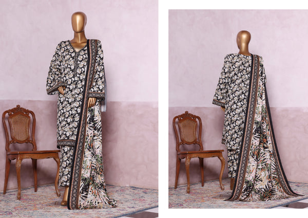 Khaddar - Stitched printed 3piece with Lace work - Black & White