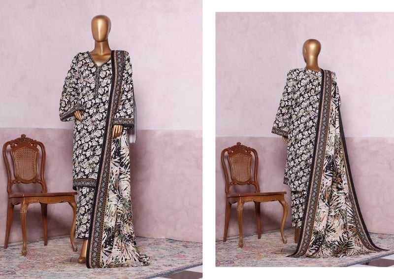 Khaddar - Stitched printed 3piece with Lace work - Black & White