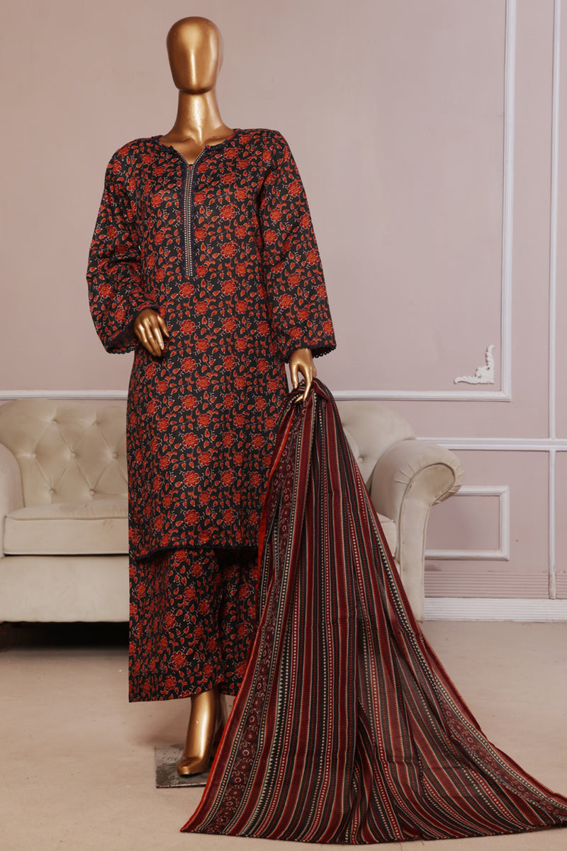 Lawn - Stitched printed 3piece with Farshi Shalwar - Maroon and Black