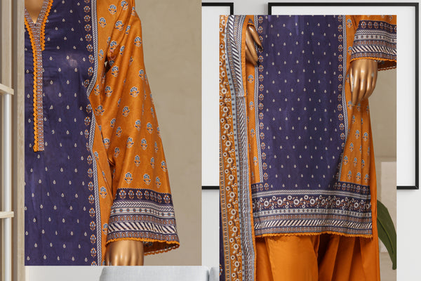 Lawn - Stitched printed 3piece with Farshi shalwar - Mustard & Purple