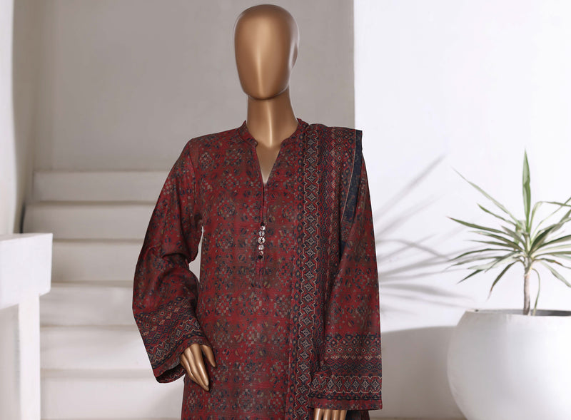 Khaddar - Printed 3piece collection with Lace work - Maroon