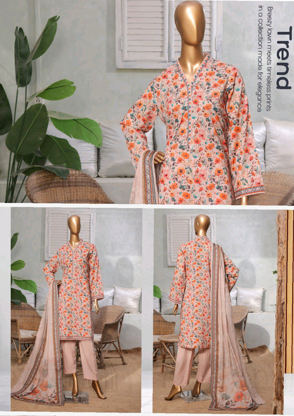 Lawn - Stitched printed 3piece with Lace work - Peach