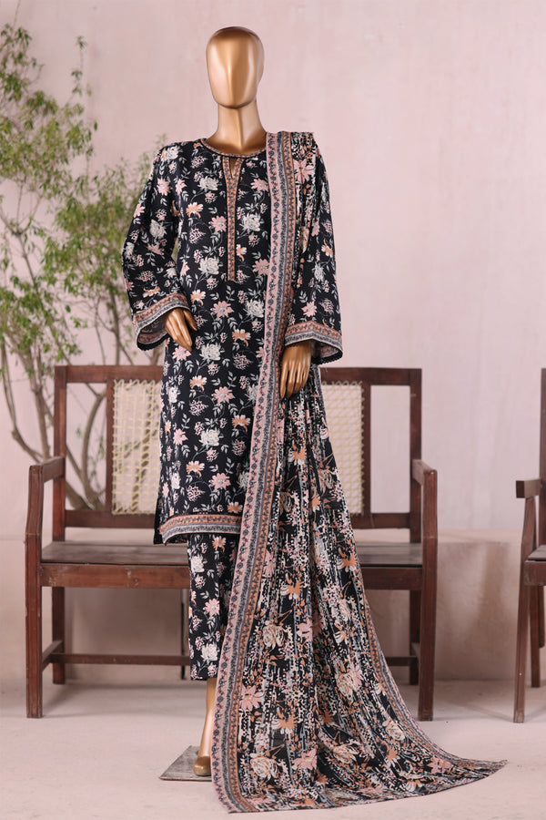 Khaddar - Stitched  printed 3piece with Lace work  - Black