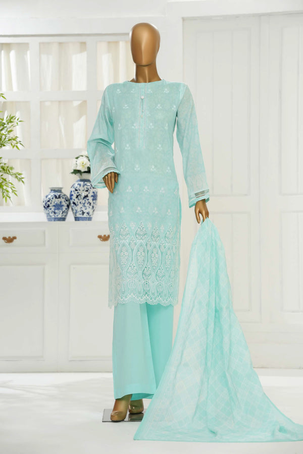 Cambric Chikankari - Stitched Embroidered 3piece with Lace work - Ocean Blue