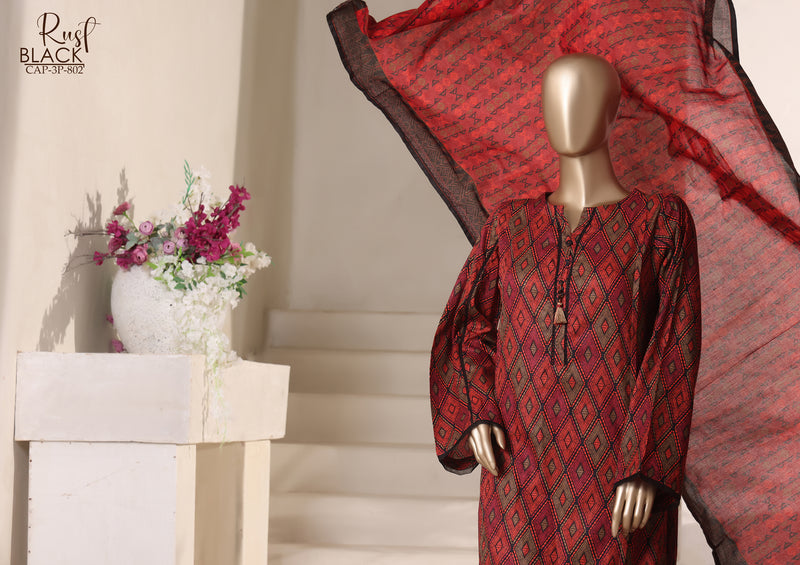 Cambric - Stitched printed 3piece with Lace work - Rust Black