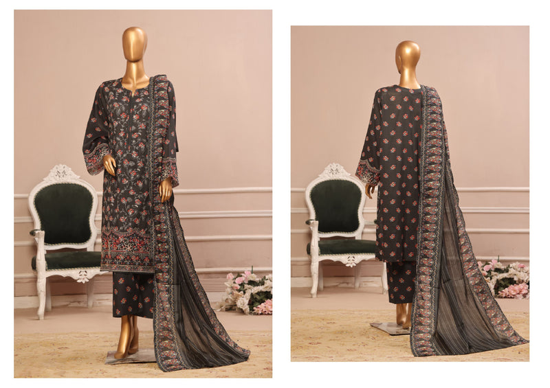 Lawn - Stitched Embroidered 3piece with Lace work - Dark Brown