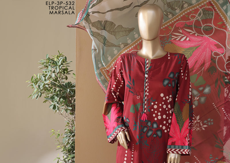 Cambric | Cotton - Stitched printed 3piece with Bamber chiffon Dupatta - Red