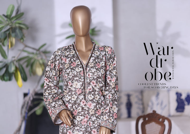 Khaddar Co-Ords - Stitched printed Kurti & trouser with Lace work - Brown & Pink